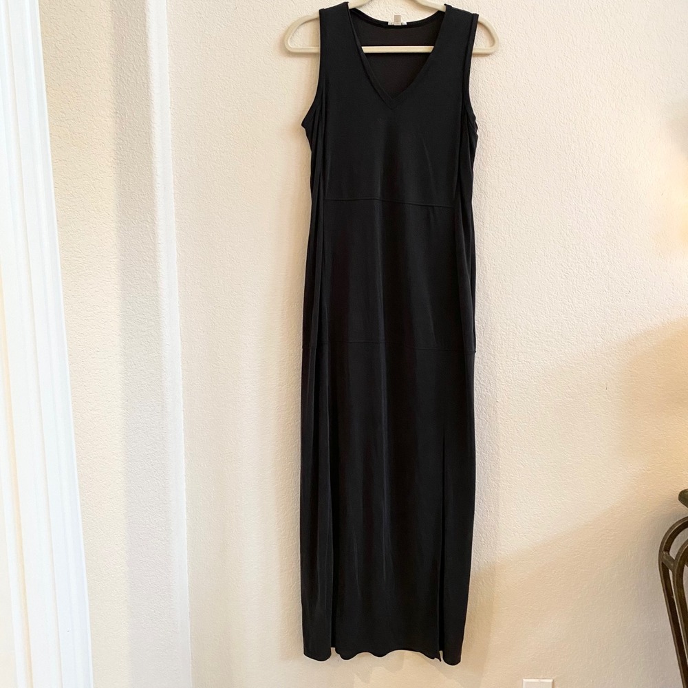 SPENSE Black V Neck Sleeveless Maxi Dress S P Side Slits Casual Travel